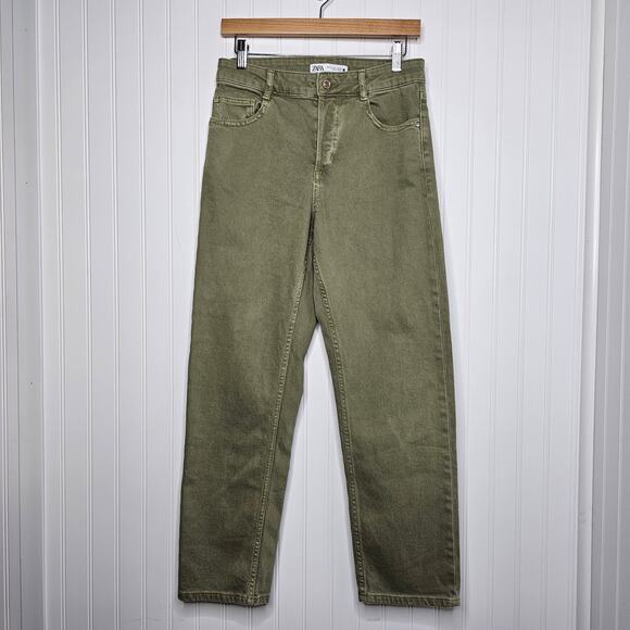 ZARA Women's Military Green Button Fly Hi Rise Jeans Size 4 Straight Ankle Crop - Picture 10 of 10